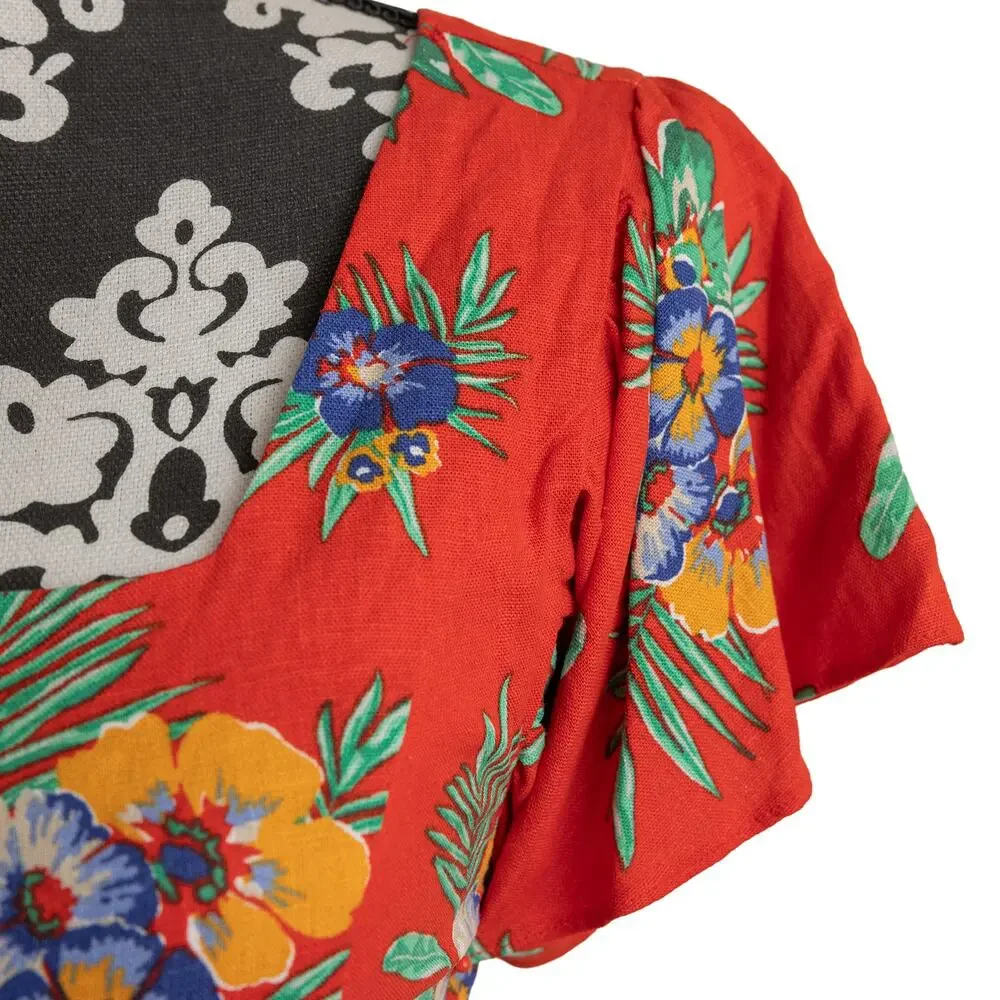 Francescas Miami Red Linen Floral Button-Up Cropped Tropical Hibiscus Resortwear - Picture 7 of 11